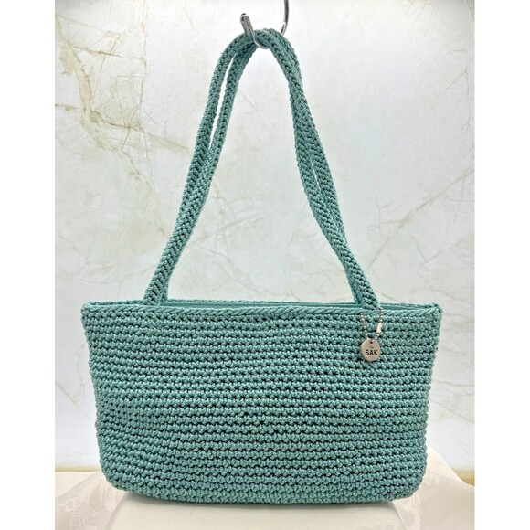 The Sak Teal Crochet Zippered Mini Purse Tote Handbag Striped Lining 10x6x3 EUC - Picture 1 of 16